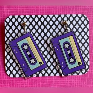 New Retro 90’s Style Purple Acrylic Cassette Music Mix Tape Dangle Earrings
